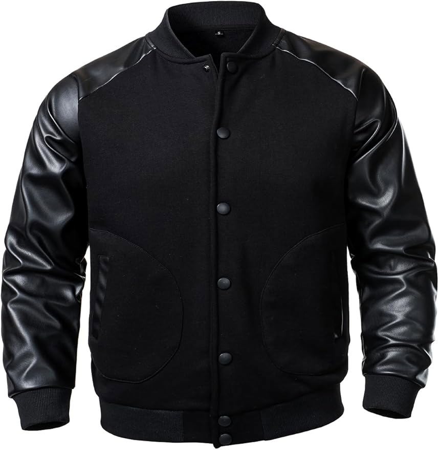 Varsity Baseball Jacket Cotton Blend Letterman Jacket with Faux Leather Sleeve Bomber Coat - view 2