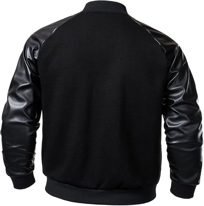 Varsity Baseball Jacket Cotton Blend Letterman Jacket with Faux Leather Sleeve Bomber Coat - view 3