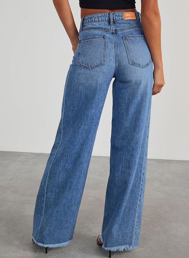 Wide Leg Jeans High Waisted Strechy Raw Hem Zimbaplatinum Denim Pants - view 4