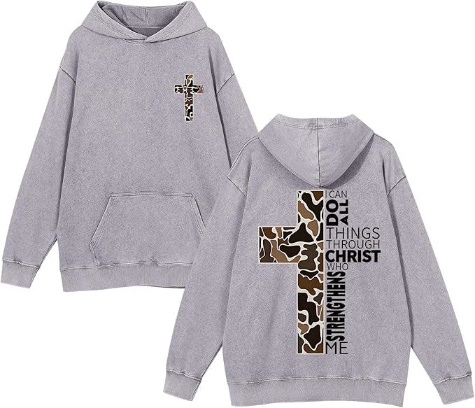 Christian Cross Hoodies for men and women, Graphic Sweatshirts Acid Wash Pullover Top - view 3