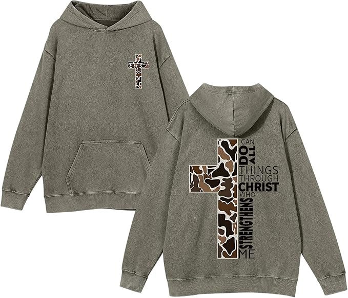 Christian Cross Hoodies for men and women, Graphic Sweatshirts Acid Wash Pullover Top - view 4