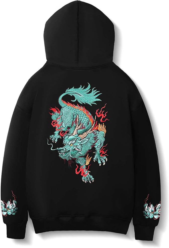  Men’s Dragon Embroidered Hoodie – Heavyweight Graphic Streetwear Sweatshirt Pullover Trendy Hoodie