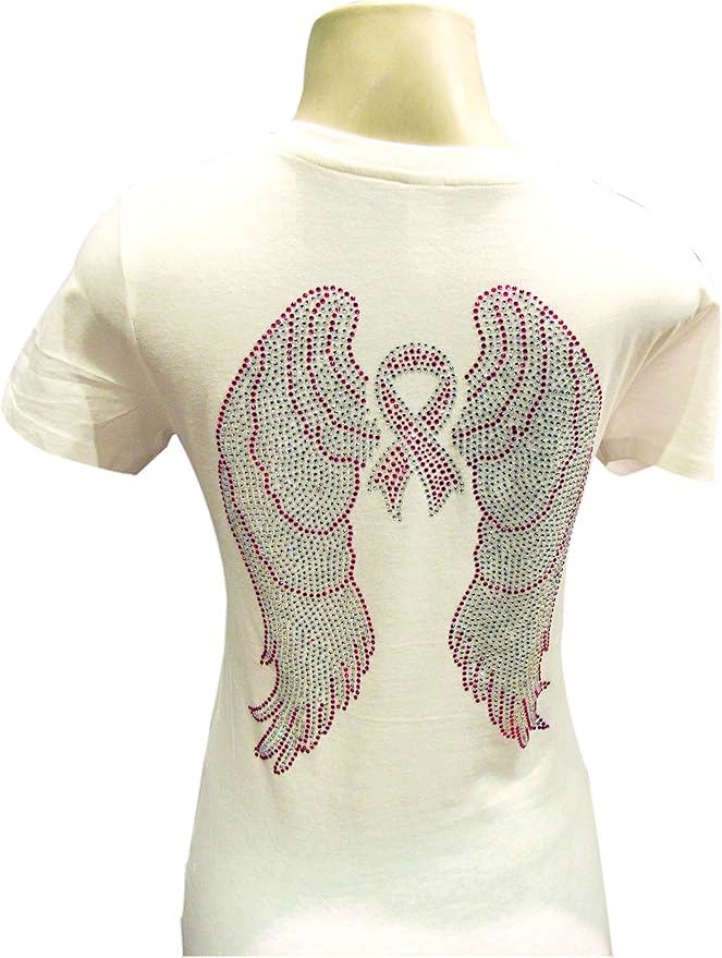 Women’s Sparkly Pink Ribbon Tee – Angel Wings Rhinestone V-Neck Shirt,Support Breast Cancer Awarenes