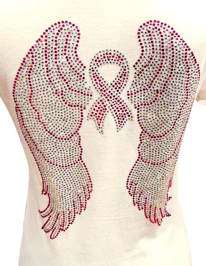 Women’s Sparkly Pink Ribbon Tee – Angel Wings Rhinestone V-Neck Shirt,Support Breast Cancer Awarenes - view 2