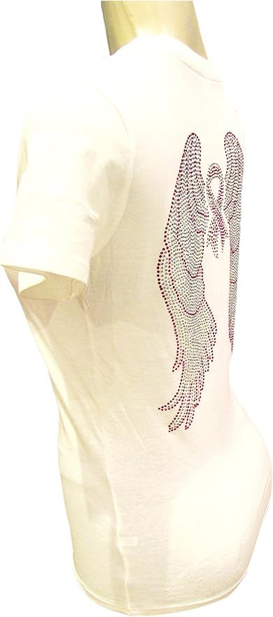 Women’s Sparkly Pink Ribbon Tee – Angel Wings Rhinestone V-Neck Shirt,Support Breast Cancer Awarenes - view 3