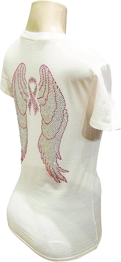 Women’s Sparkly Pink Ribbon Tee – Angel Wings Rhinestone V-Neck Shirt,Support Breast Cancer Awarenes - view 4