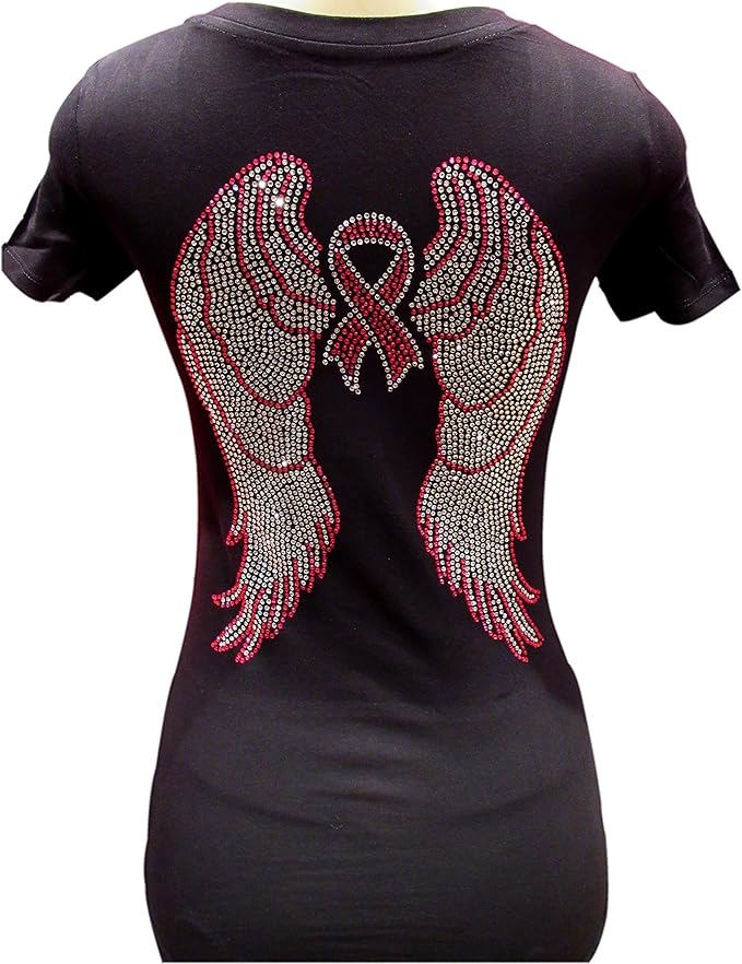 Women’s Sparkly Pink Ribbon Tee – Angel Wings Rhinestone V-Neck Shirt,Support Breast Cancer Awarenes - view 8