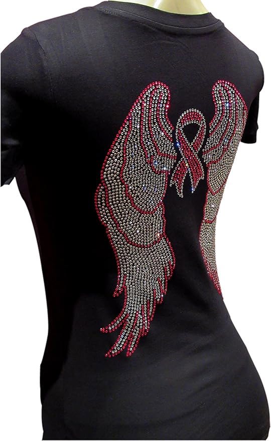 Women’s Sparkly Pink Ribbon Tee – Angel Wings Rhinestone V-Neck Shirt,Support Breast Cancer Awarenes - view 9