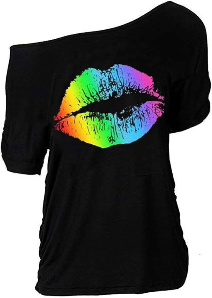 Trendy Lips Print Off Shoulder Top for Women – Casual Plus Size Short Sleeve Shirt