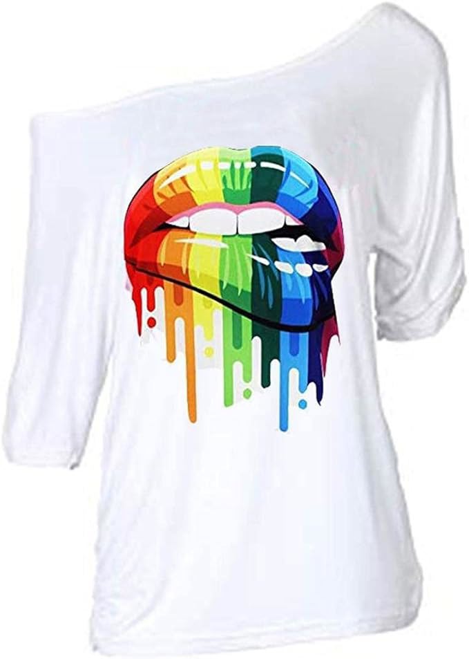 Trendy Lips Print Off Shoulder Top for Women – Casual Plus Size Short Sleeve Shirt - view 2