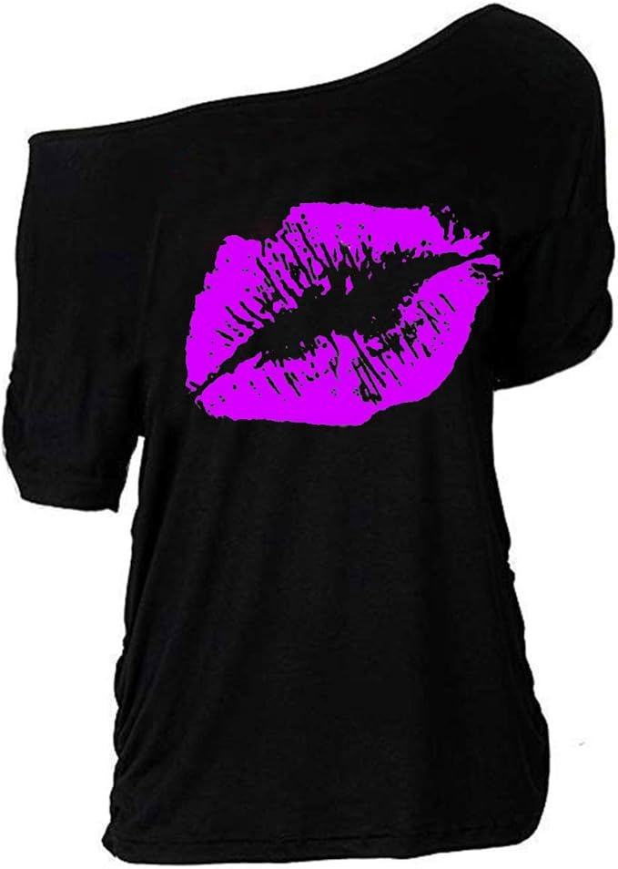 Trendy Lips Print Off Shoulder Top for Women – Casual Plus Size Short Sleeve Shirt - view 6