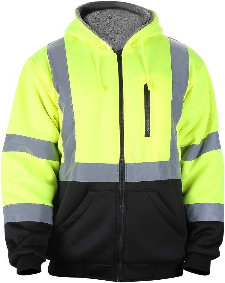 Men’s Yellow ANSI Class 3 High Visibility Reflective Fleece Hoodie Jacket with Zipper, Black Bottom