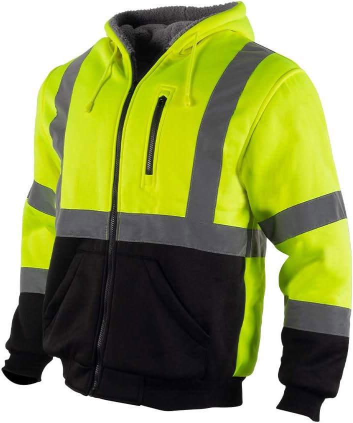 Men’s Yellow ANSI Class 3 High Visibility Reflective Fleece Hoodie Jacket with Zipper, Black Bottom - view 2