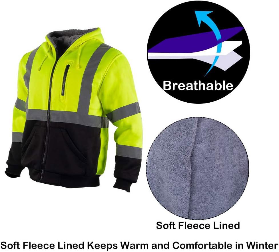 Men’s Yellow ANSI Class 3 High Visibility Reflective Fleece Hoodie Jacket with Zipper, Black Bottom - view 4