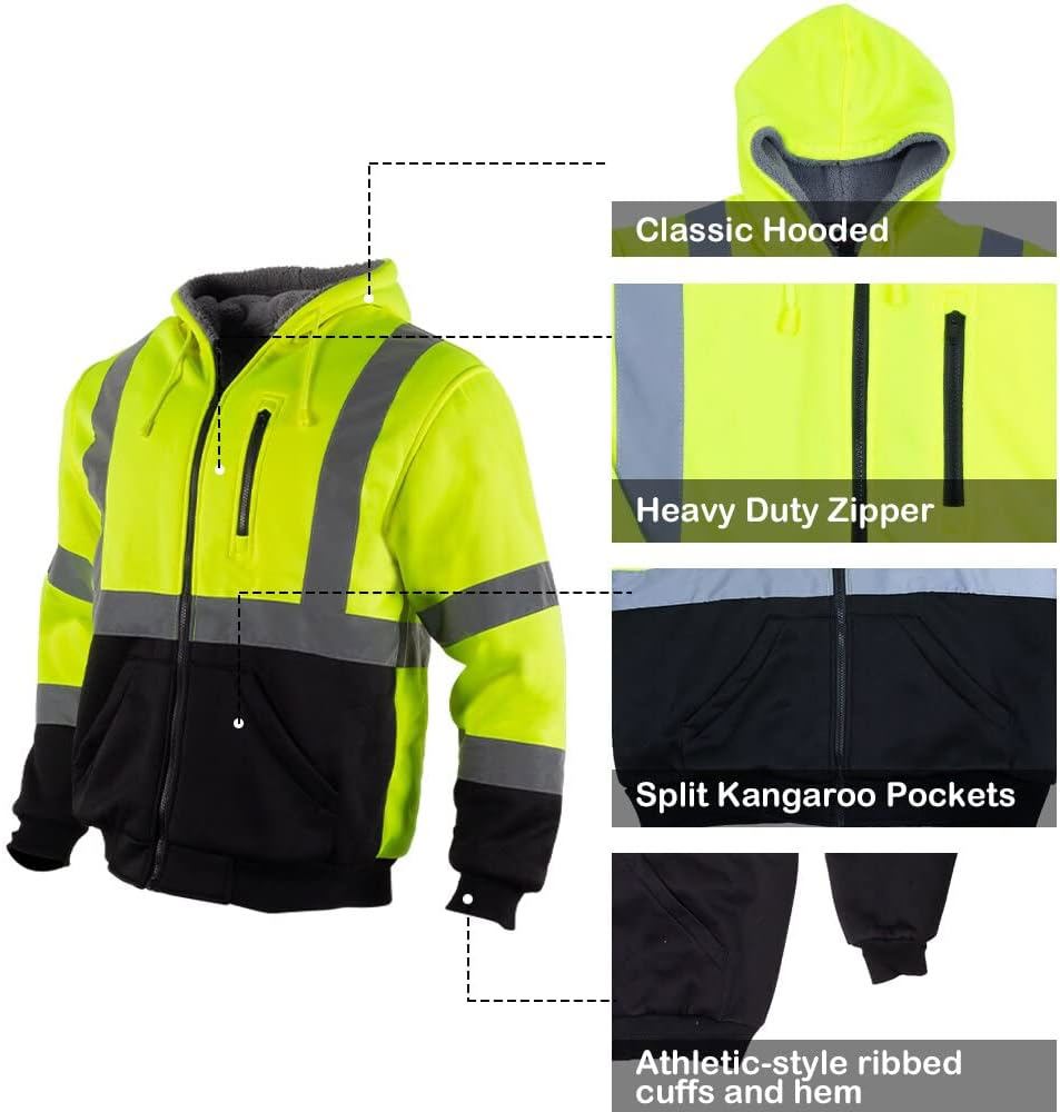 Men’s Yellow ANSI Class 3 High Visibility Reflective Fleece Hoodie Jacket with Zipper, Black Bottom - view 5