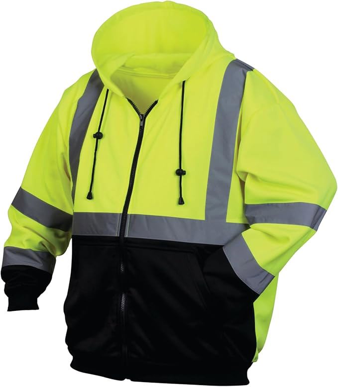 High Visibility ANSI Class 3 Reflective Safety Hoodie for Men, Full-Zip Work Jacket (Yellow/Black)