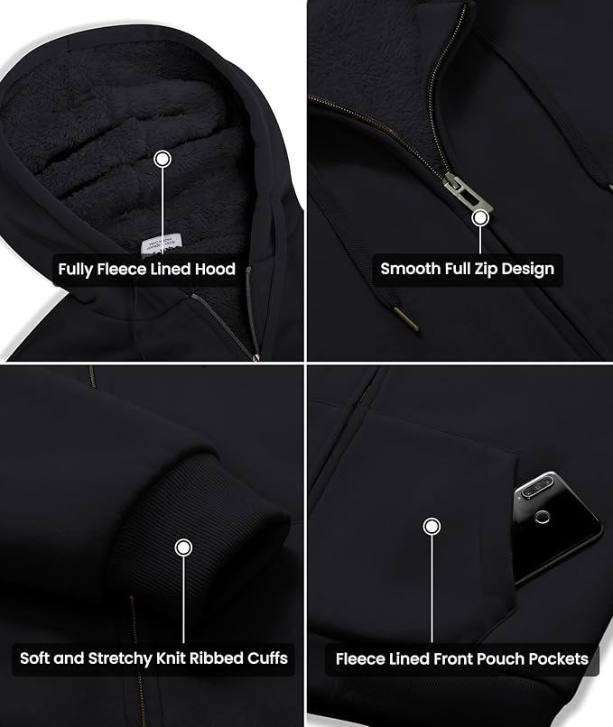 Men’s Heavyweight Sherpa-Lined Fleece Sweatshirt – Full Zip Warm Winter Hoodie - view 3