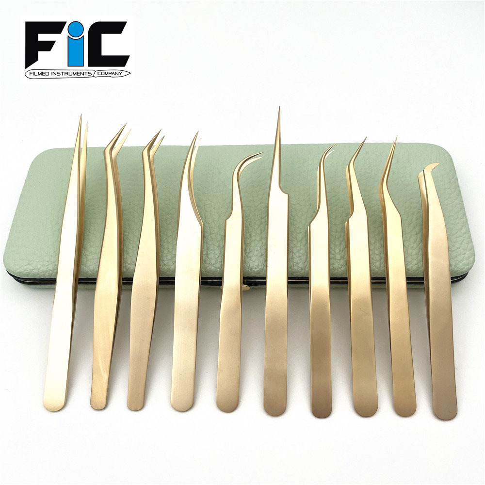 High Quality Custom Logo Stainless Steel Gold Eyelash Extension Applicator Tweezers Set Custom Logo