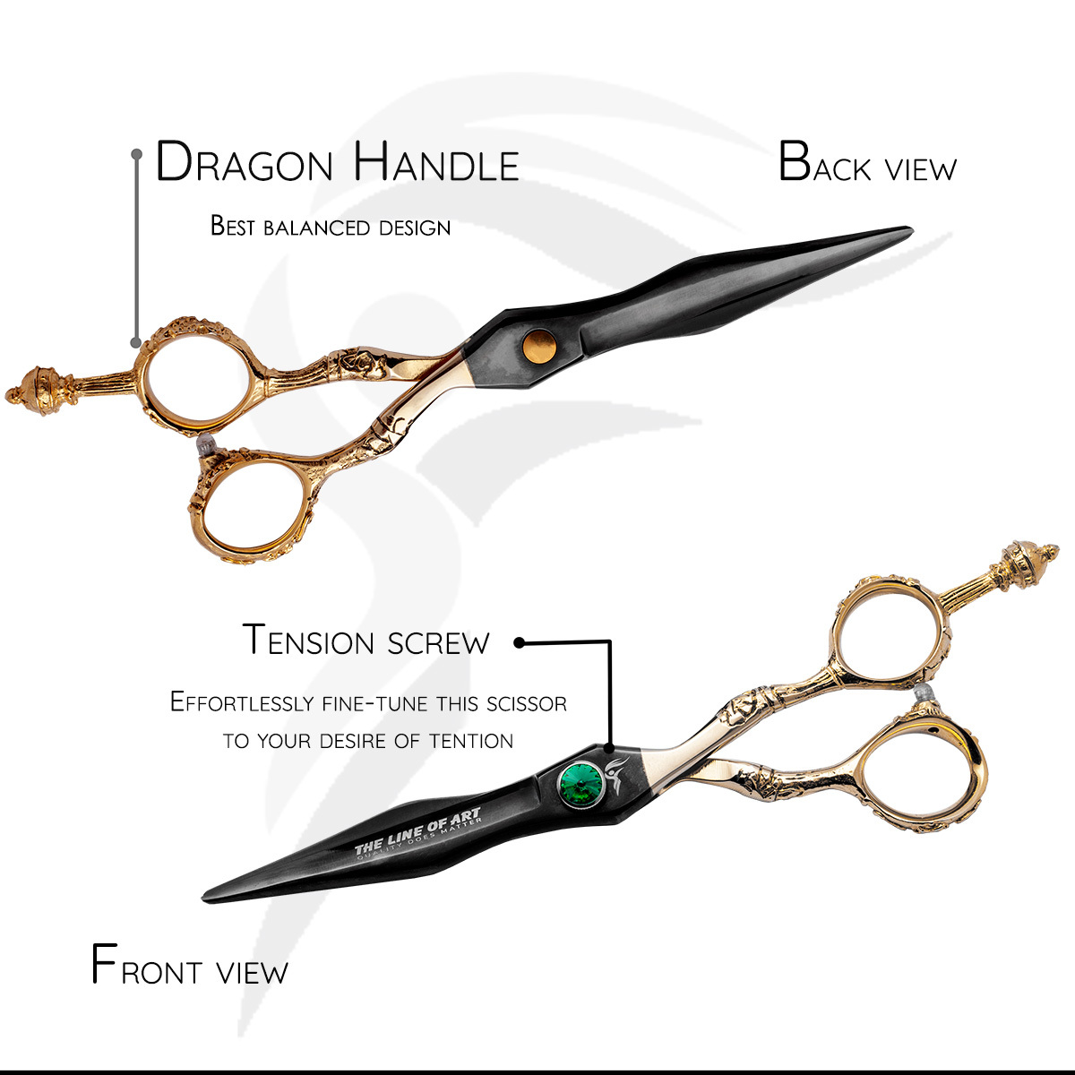 Premium Titanium Black With Gold And Dragon Handle Cutting Hair Dresser / Barber Scissors Kit (2PC) - view 2