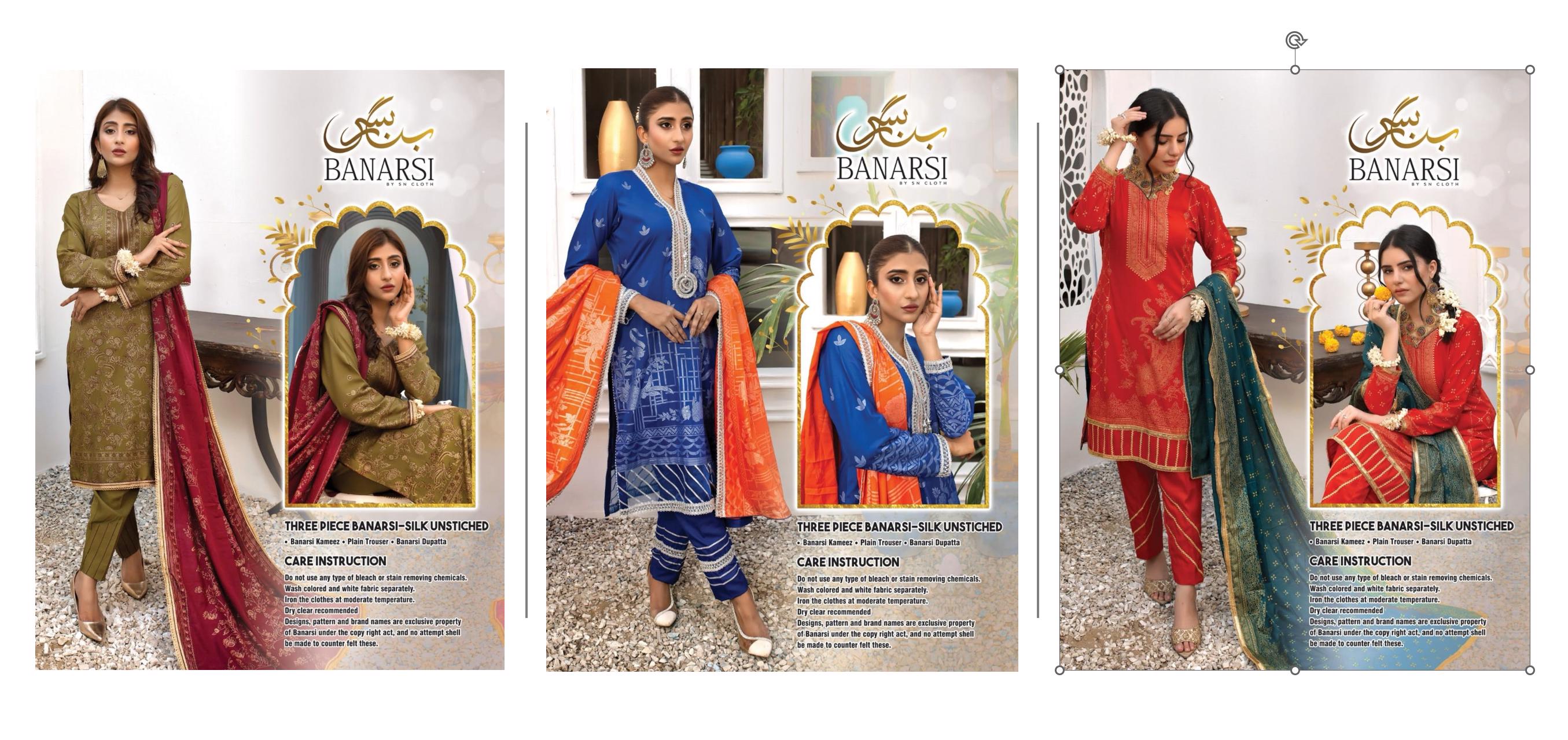 3 Pcs Banarsi-Silk Suits Women's unstitched collection Shirt Plain Trouser different color - view 4