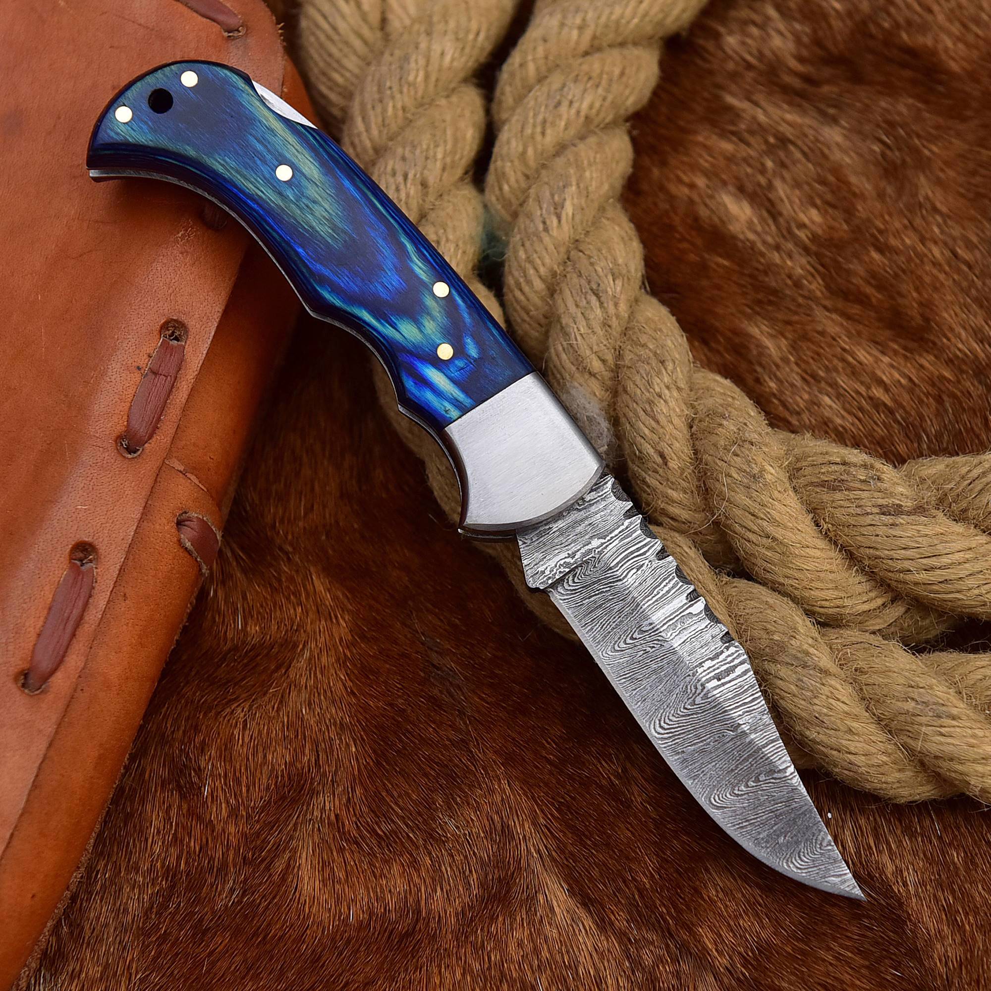 Handmade Blue Folding Knife With Wooden Hand Grip
