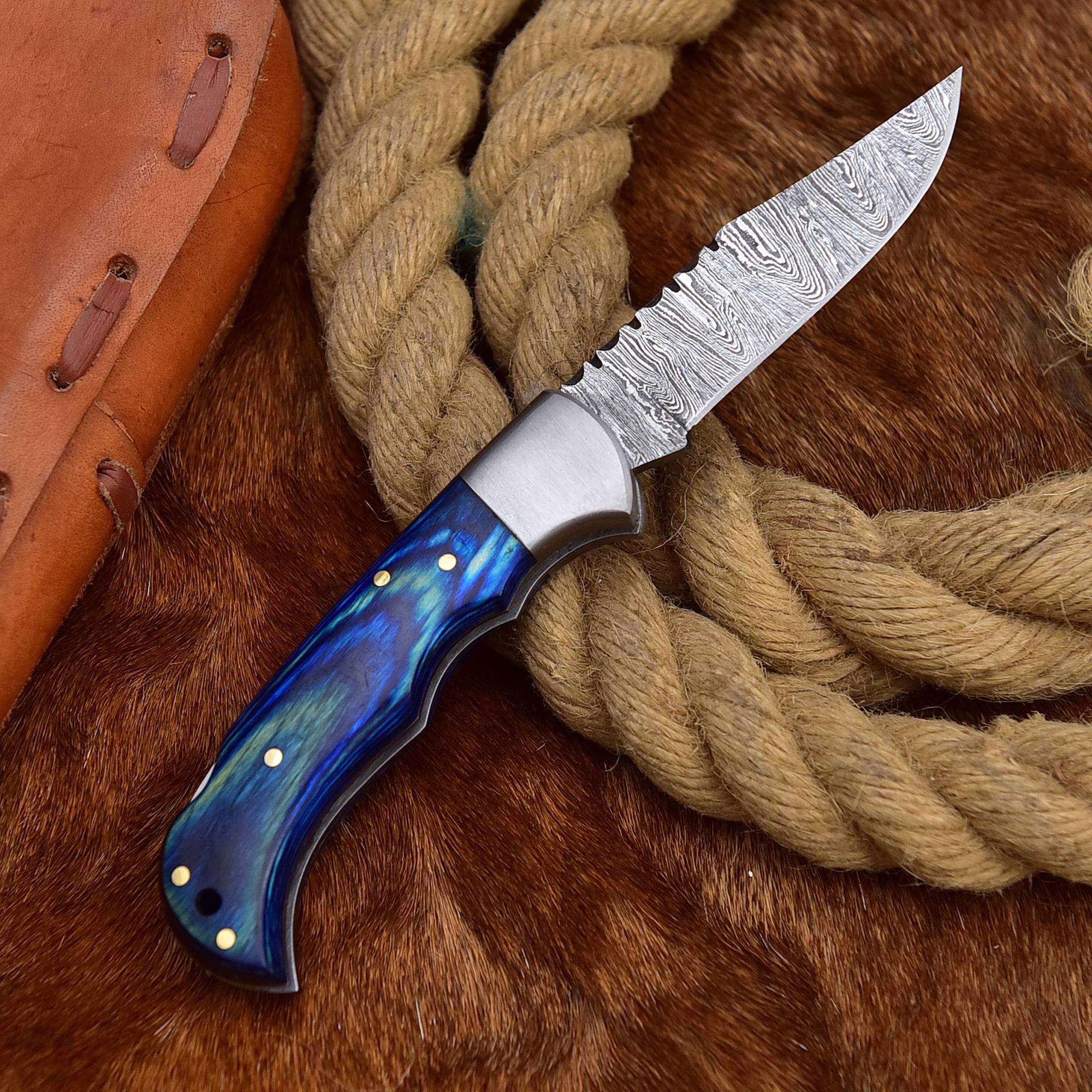 Handmade Blue Folding Knife With Wooden Hand Grip - view 2