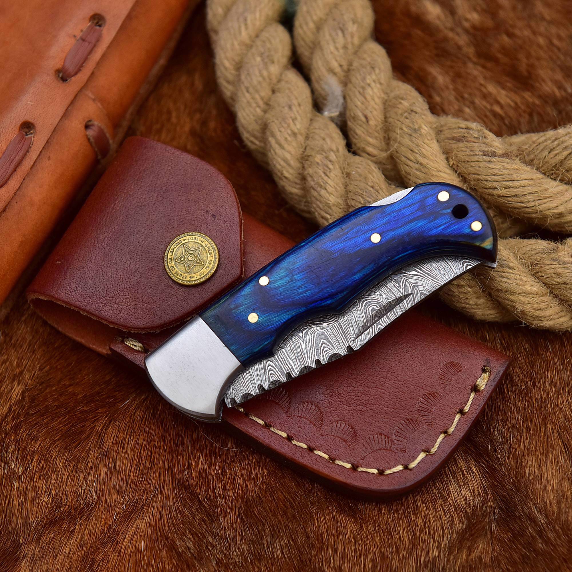 Handmade Blue Folding Knife With Wooden Hand Grip - view 4