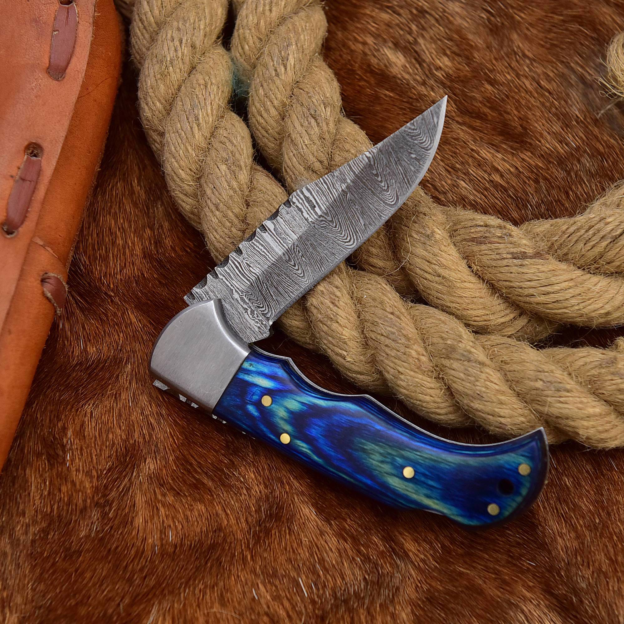 Handmade Blue Folding Knife With Wooden Hand Grip - view 6