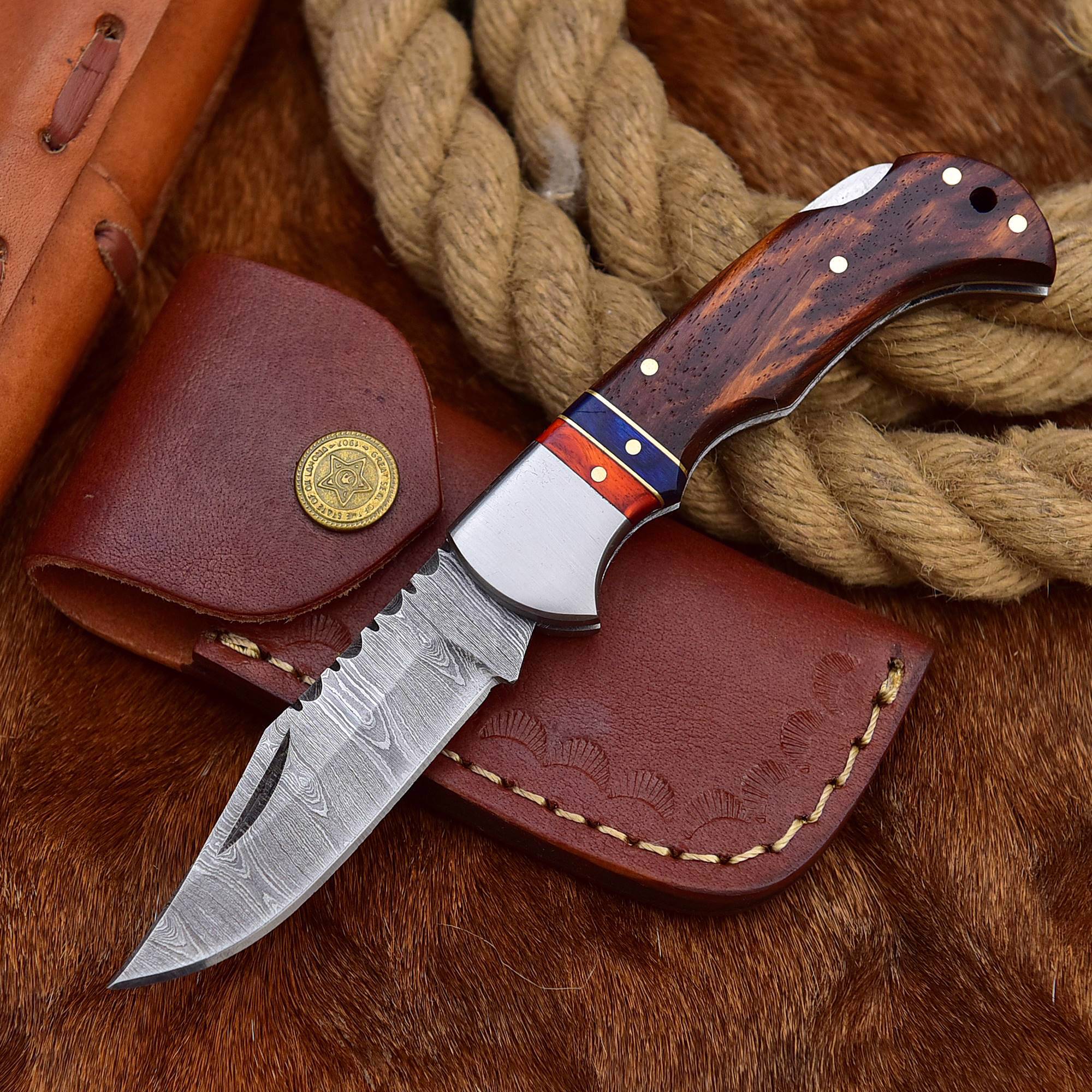 Brown Folding Knife With Wooden Hand Grip