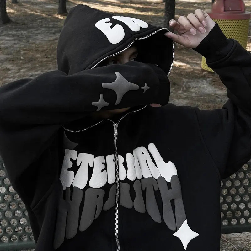 Custom streetwear hip hop 100% cotton heavy weight puff print hoodie pullover hoodie 