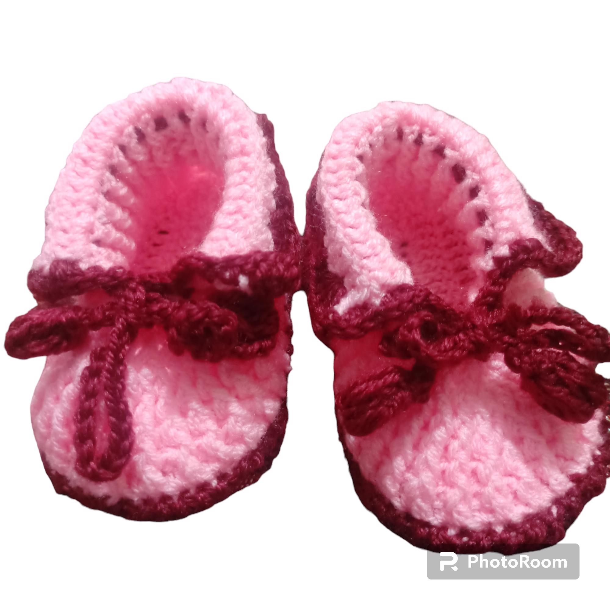 Handmade Wollen Brown And Pink Flowers Baby Shoes - view 4