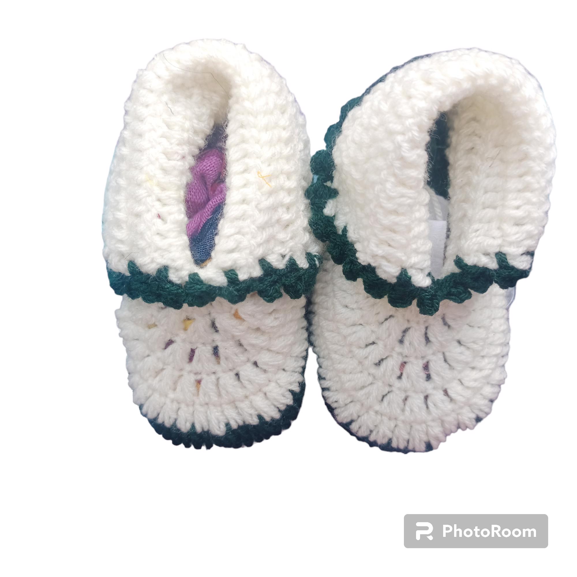 Handmade Wollen Offwhite And Green Baby Shoes - view 2