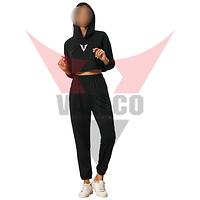 Plain Black Color Long Sleeve Cropped Hoodie And Jogger Sets Casual Wear Women Comfort Fit Outfits