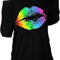 Trendy Lips Print Off Shoulder Top for Women – Casual Plus Size Short Sleeve Shirt